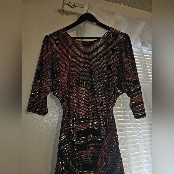 VINTAGE 1980's Janine Hand Painted Metallic Mosaic Runway Dress ITALY S - Picture 2 of 11